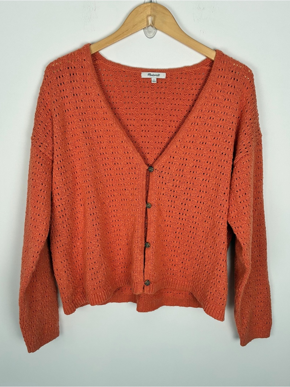 Madewell Orange Open-Stitch 100% Cotton V-Neck Button Cardigan Fall Cozy L